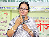Founder Chairman of Universal Medical College & Hospital, Priti Chakraborty, is               giving Speech as Chief Guest in the Inauguration Ceremony of Free English Course (Batch 25); Dr. M Helal is presiding over. (2019)