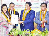 Managing Director of Satcom Computers Ltd., Lion Swadesh Ranjan Saha, is giving Certificates to the Participants of Free English Course (Batch 23) as Chief Guest; Dr. M Helal is presiding over. (2018)